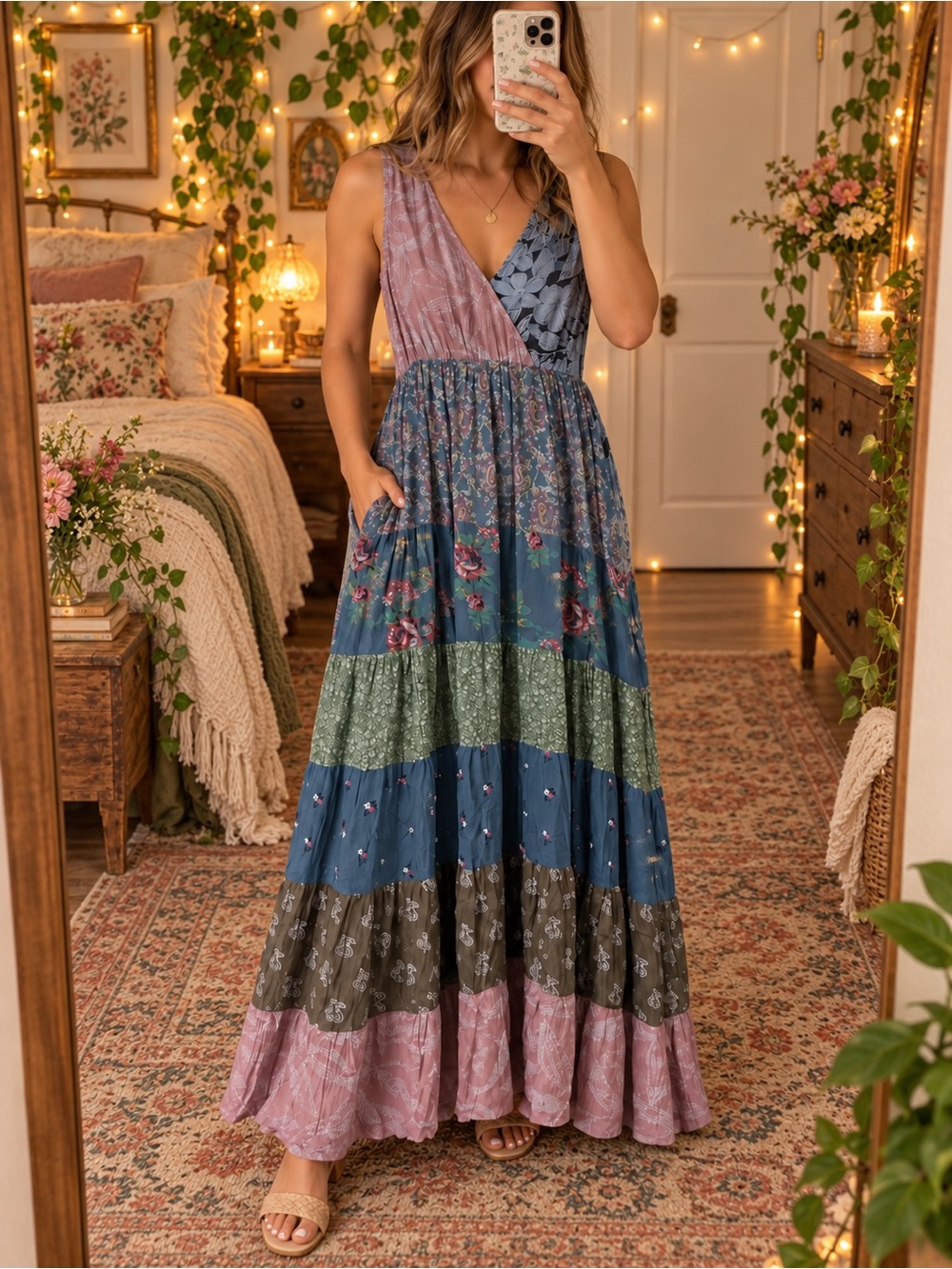 Boho Patchwork Maxi Dress in Blue & Mauve